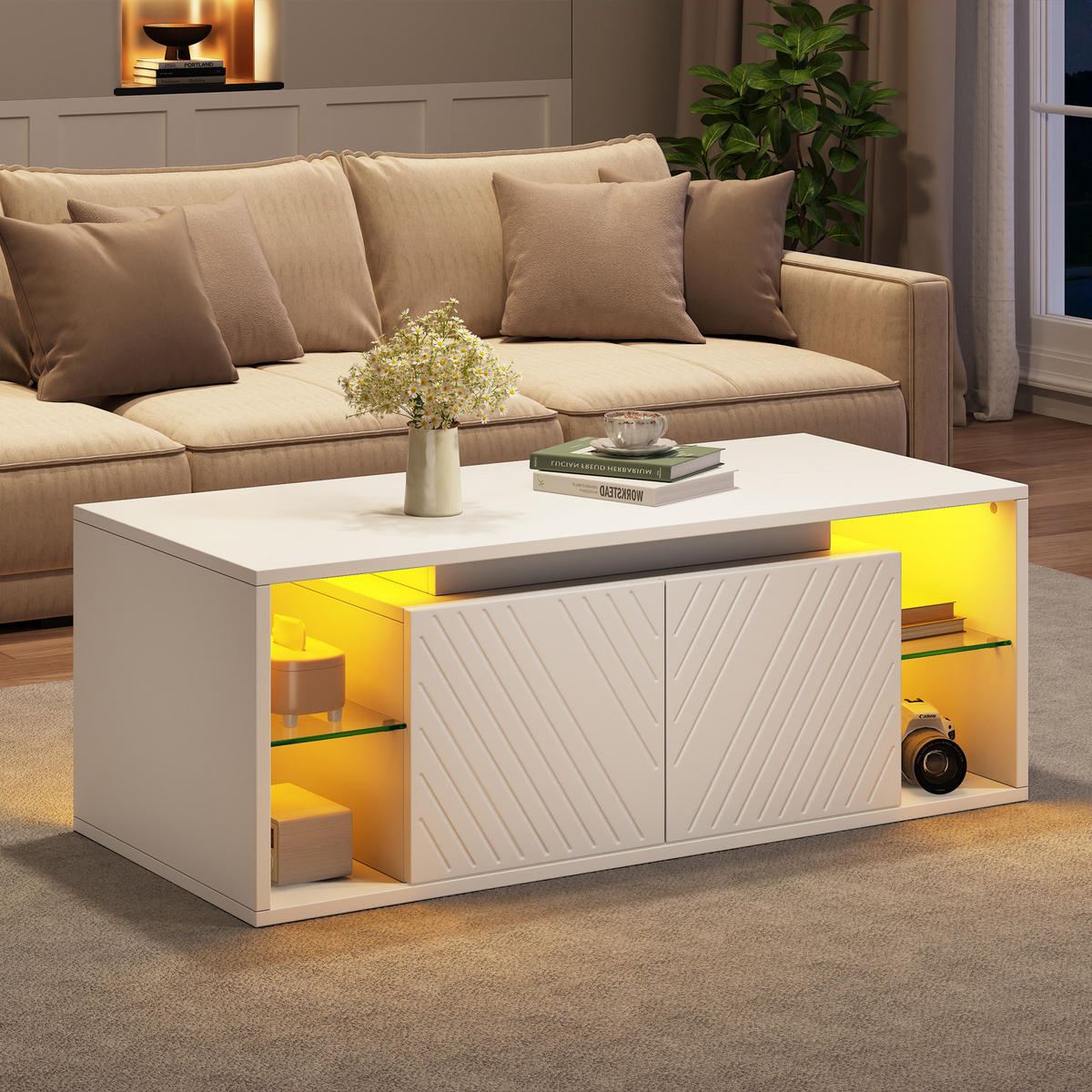 COUCHTISCH Weiß mit LED und 2 Türen 100/50/41 cm - Weiß, Holzwerkstoff (100/50/41cm)