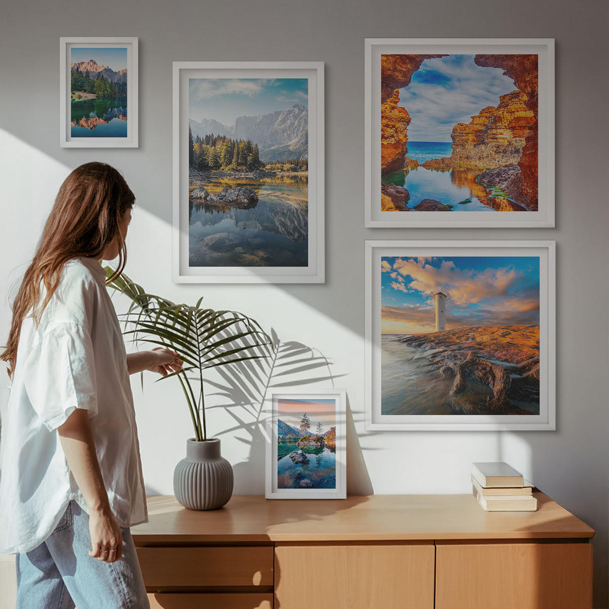 WANDBILDER 5er-Set - 50x50 cm & 20x30 cm & 40x60 cm Weißer Rahmen - Aussicht Paris New York Treppen - Weiß, Kunststoff (40/60cm) - ArtPrintCave
