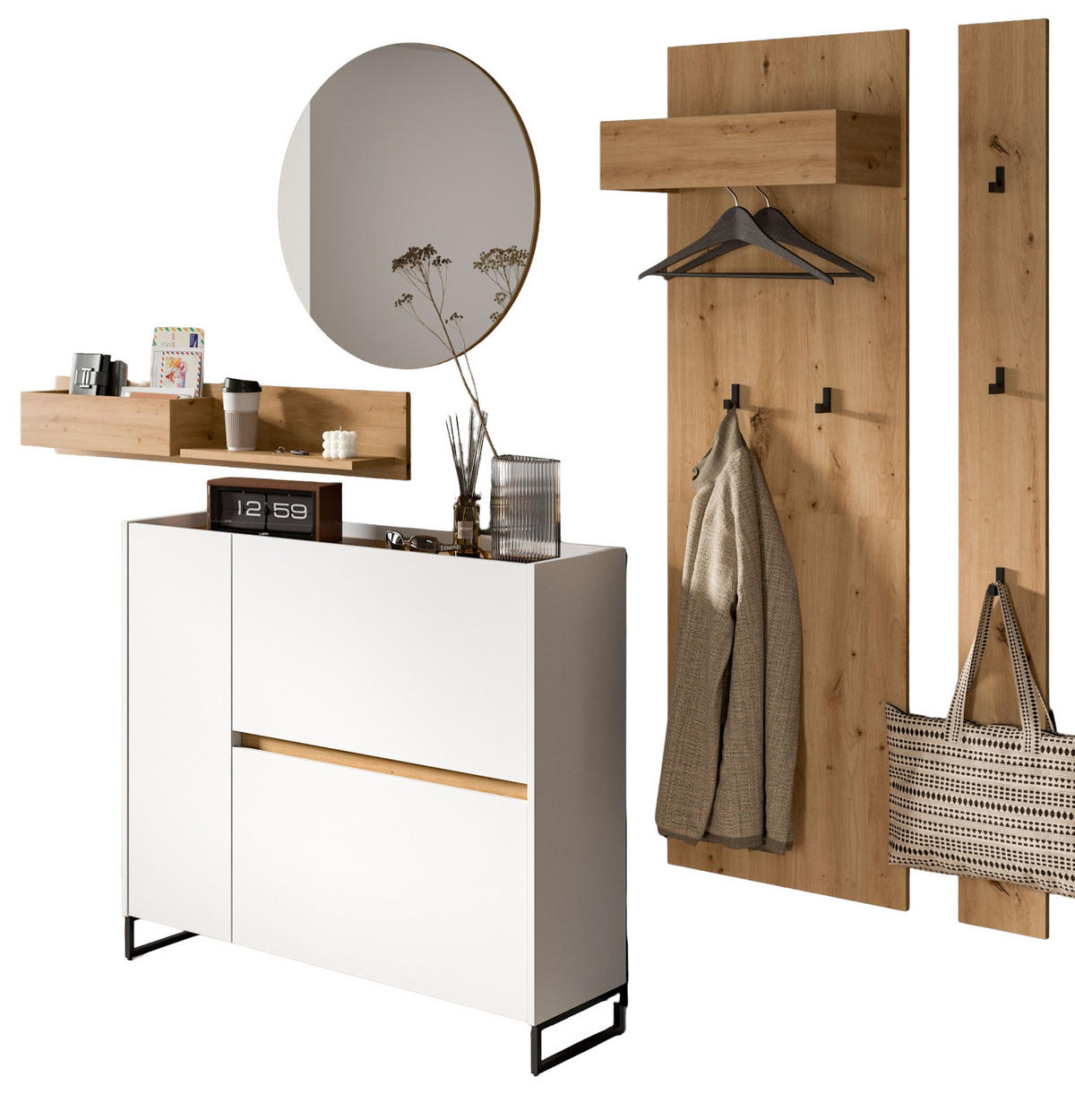 GARDEROBEN-SET 5-teilig weiß, Artisan Eiche 236 cm, Flurmöbel mit Soft-Close - Schwarz/Weiß, Holzwerkstoff/Metall (236/197/32cm) - Inn.Furn