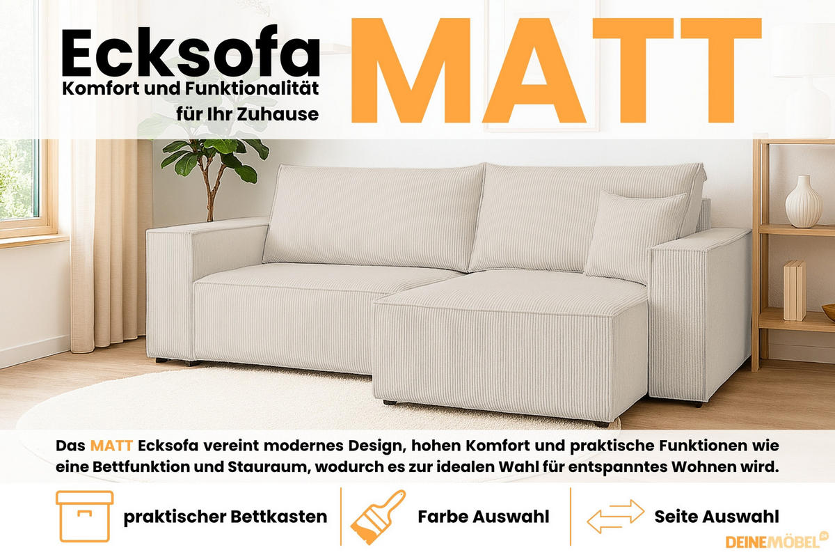 ECKSOFA MATT 255/153 cm rechts in Cord Creme - Creme/Schwarz, Holz/Holzwerkstoff (255/153cm) - Deine Möbel 24