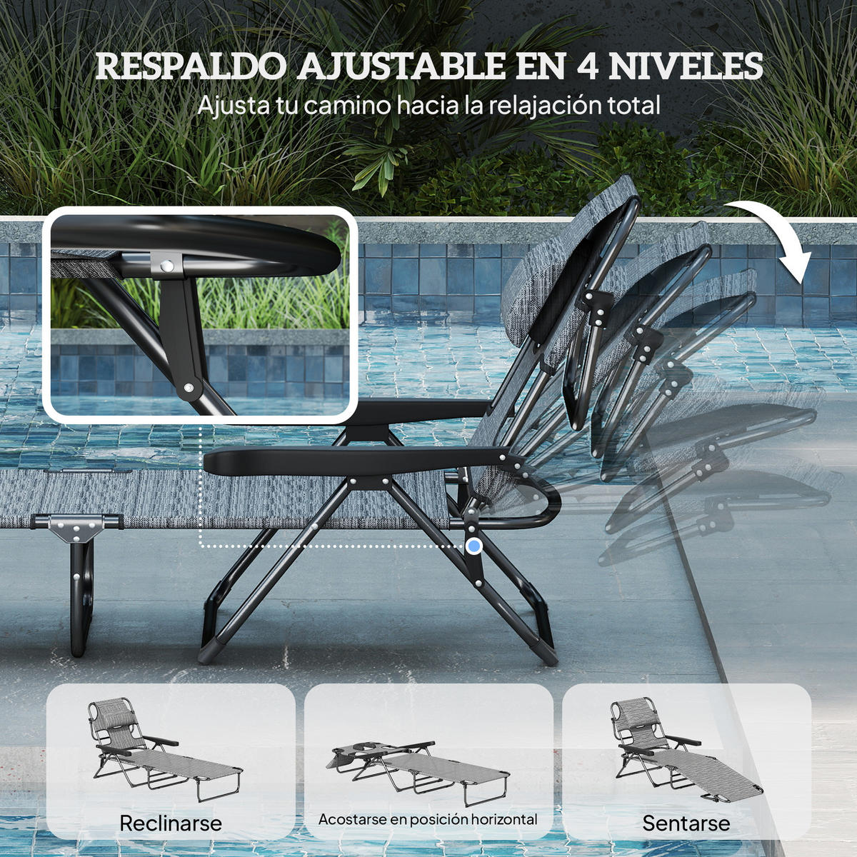 SONNENLIEGE Klappbare Gartenliege mit 4-fach verstellbarer 145 x 72 x 89 cm ,Grau - Grau, Metall (72/89/145cm) - Vallsero