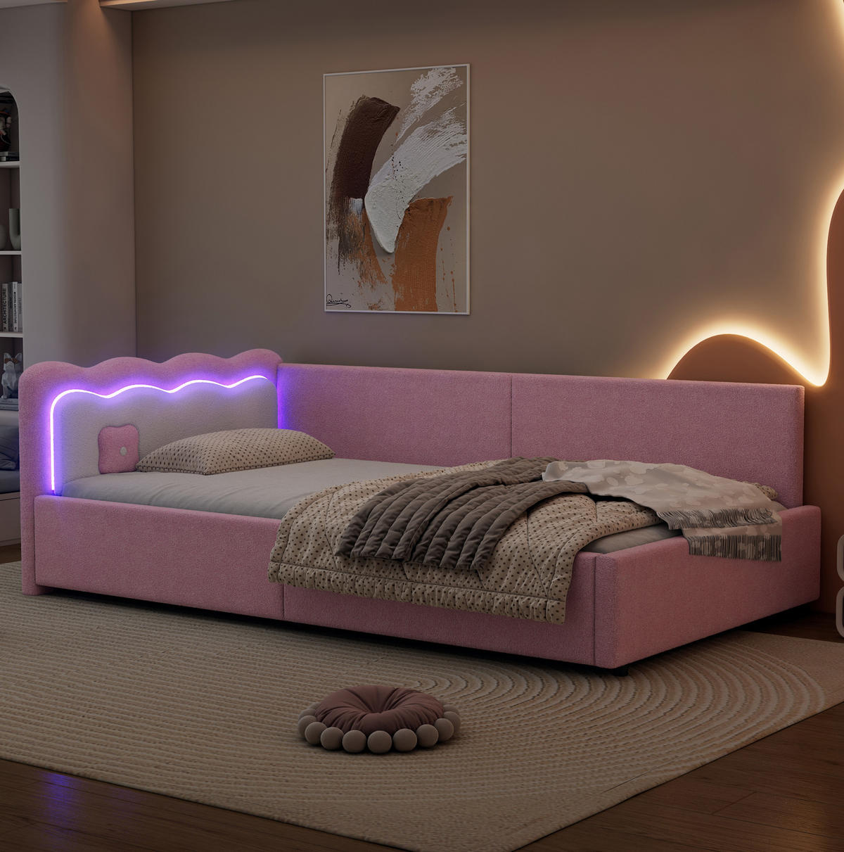 BETT 90/200 cm Rosa mit LED-Beleuchtung und Lattenrost - Rosa, Textil (90/200cm) - Flora Grace
