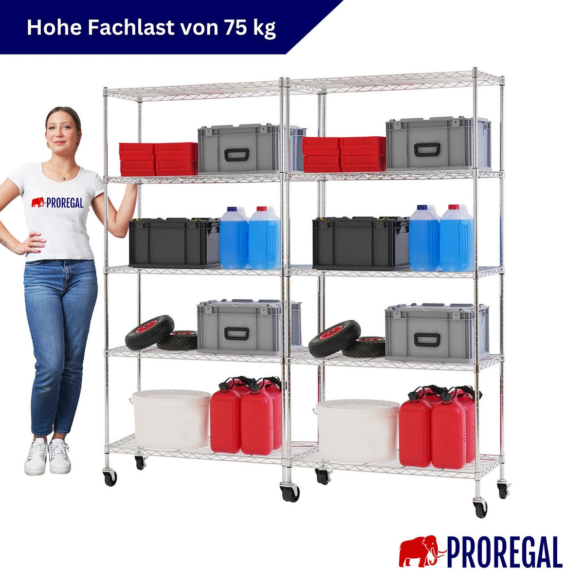 GITTERREGAL 2er - Set HADES mit Rollen & 5 Gitterböden Metall 180x90x40cm Silber - Silberfarben, Metall (90/180/40cm) - PROREGAL