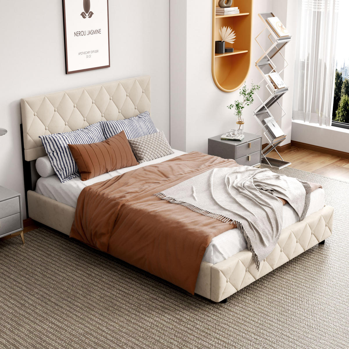 POLSTERBETT 140/200 cm aus Samt in Beige mit Stauraum und Lattenrost - Beige, Textil (140/200cm) - BEAOK