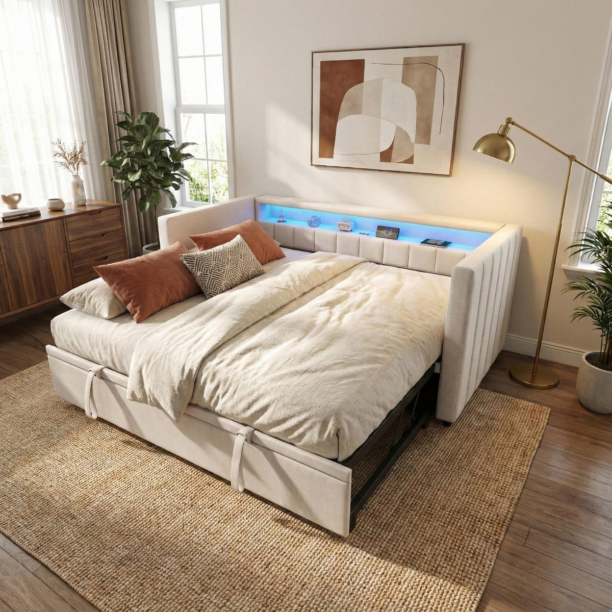 SCHLAFSOFA 90x190cm Ausziehsofa,USB-/Type-C-Anschluss,Samt,Grau - Beige, Textil (201/73/100cm) - LVHOM