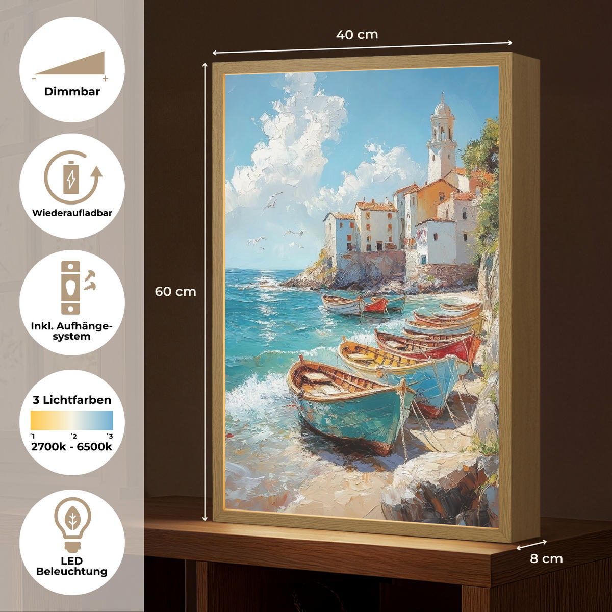 NÁSTĚNNÁ LAMPA S AKUMULÁTOREM Lodě - skály - moře - slunce 40x60 cm - modrá, kompozitní dřevo (40/60/8cm) - OnlyWow