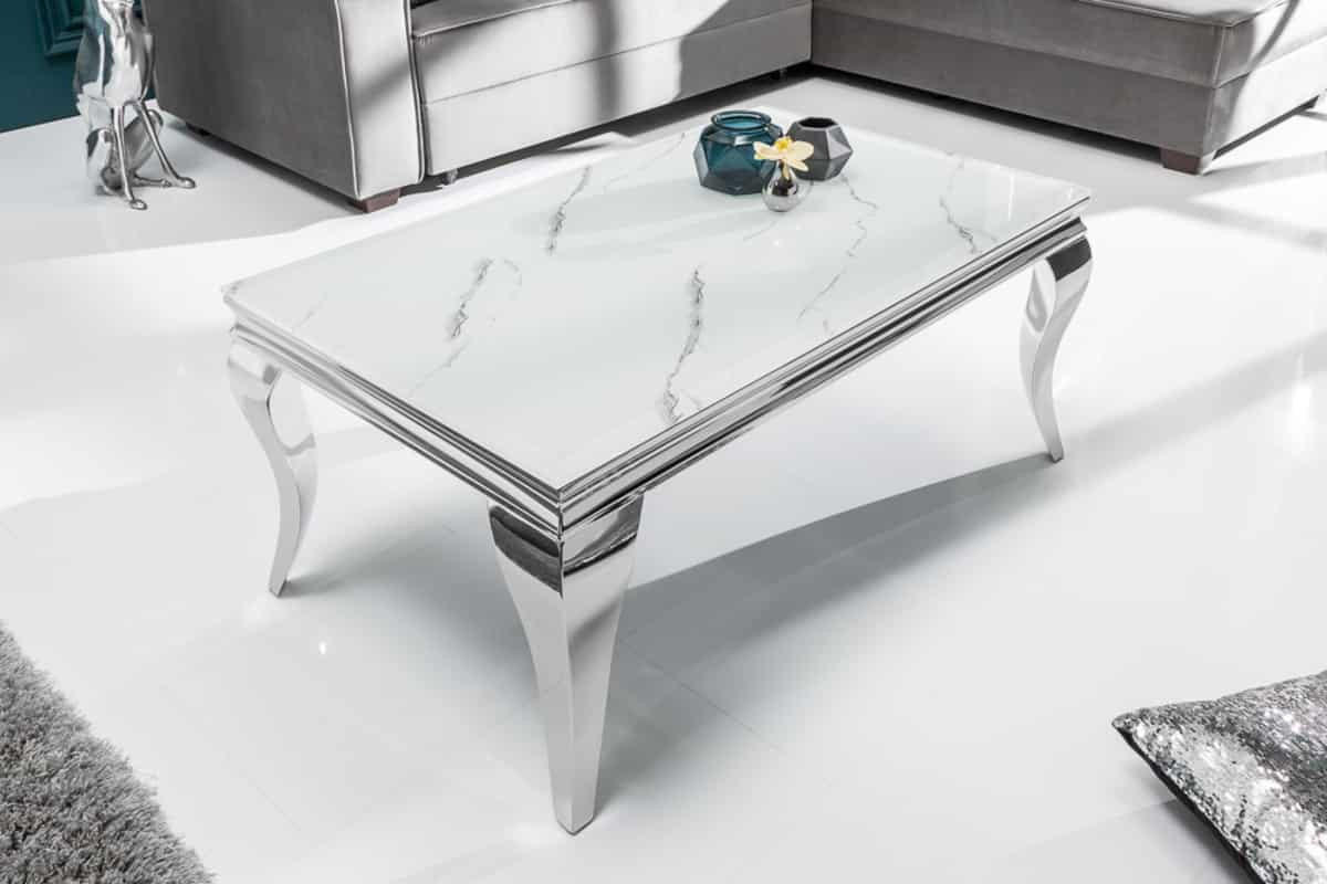 COUCHTISCH MODERN BAROCK Marmor rechteckig Grau|Silber|Weiß 100cm - Silberfarben/Weiß, Glas/Stein (60/100/45cm) - riess-ambiente