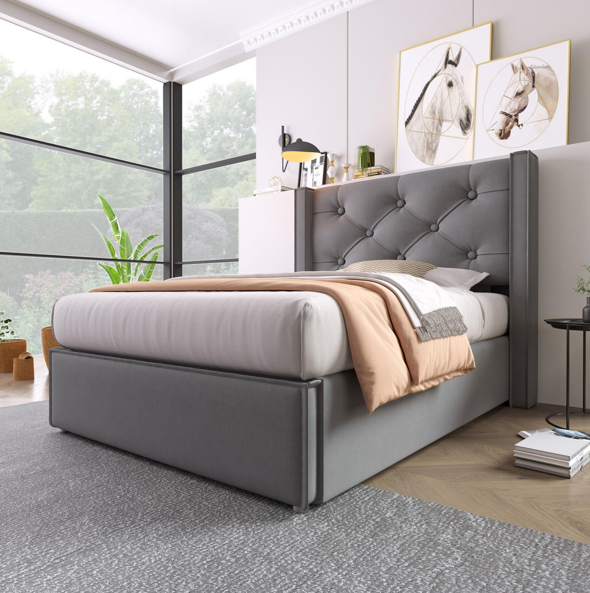 POLSTERBETT 90/200 cm Grau aus Baumwolle mit Stauraum und hochklappbarem Lattenrost - Grau, Textil (90/200cm) - OKWISH