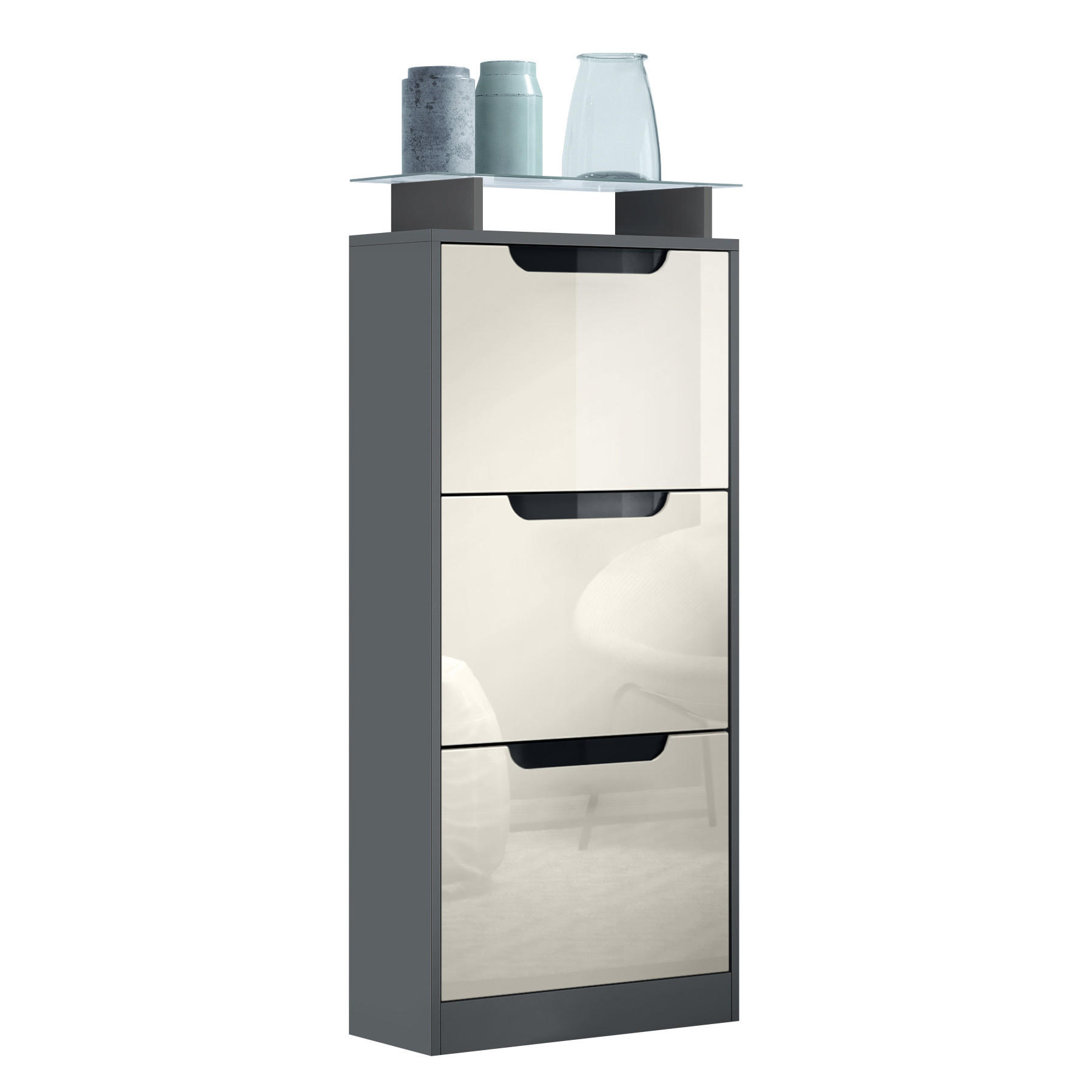 SCHUHSCHRANK Space Creme Hochglanz - Creme, Holzwerkstoff (46/128/23cm) - Vladon