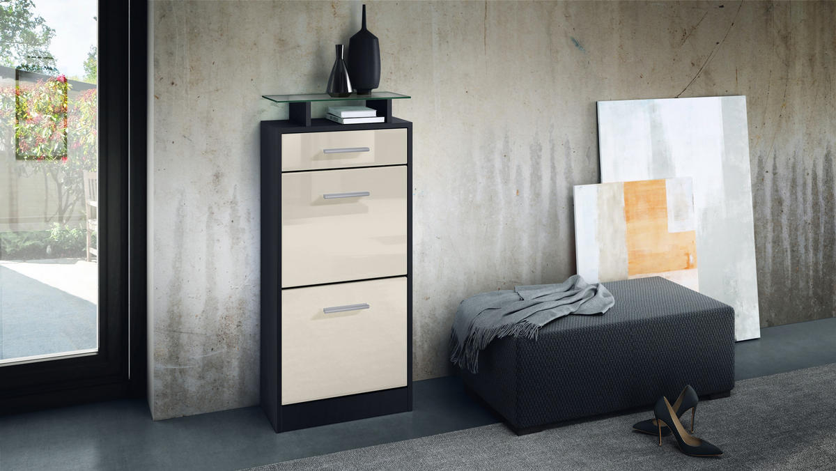SCHUHSCHRANK Loret Front in Creme Hochglanz - Creme, Holzwerkstoff (46/104/23cm) - Vladon