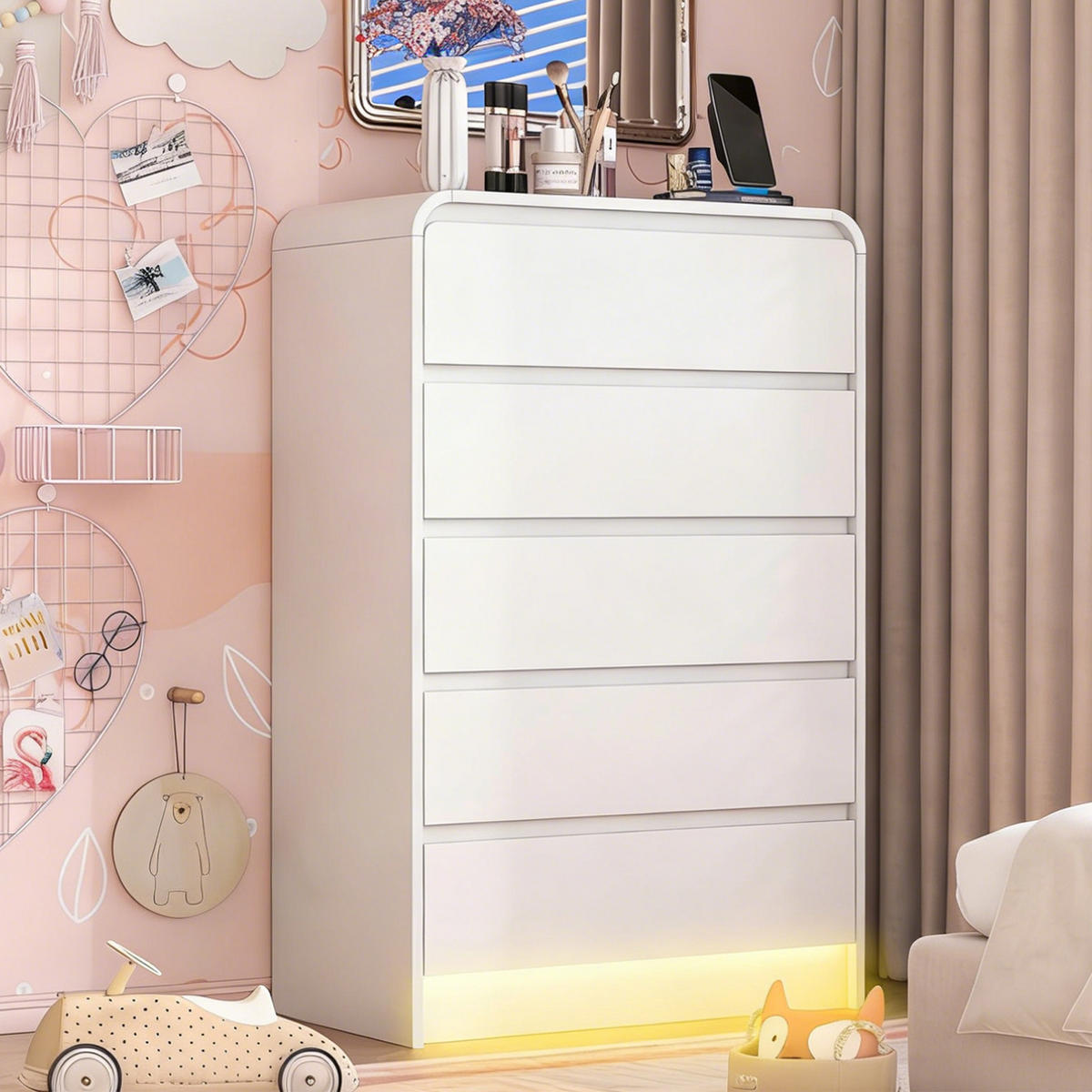 KOMMODE 5 Schubladen mit LED-Beleuchtung, Weiß,73x40x110 cm - Weiß, Holz (40/110/73cm) - PARAFTA HOME