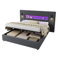ČALOUNĚNÁ postel 180/200 cm tmavě šedá ze sametu s hydraulickým úložným prostorem a LED čtecím světlem - tmavě šedá, textil (180/200cm) - OKWISH