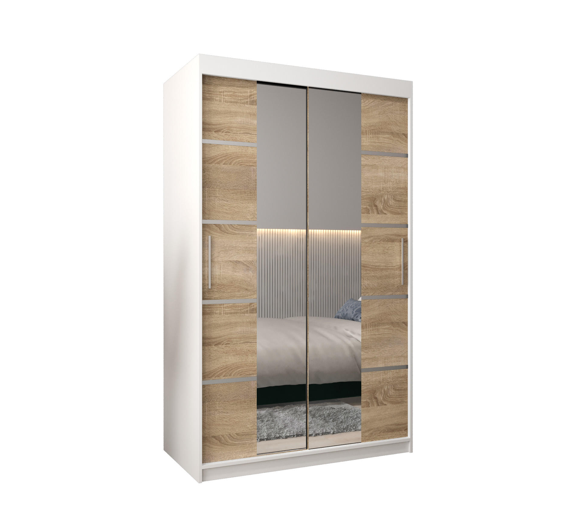 Abiks Möbel Schwebetürenschrank Weiß, Sonoma Eiche, Silber 120x200x62 cm