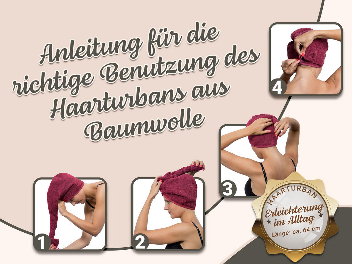 HAARTURBAN, 23x64 cm, 100% Baumwolle, Rot - Brombeere, Textil (23/64cm) - Zollner