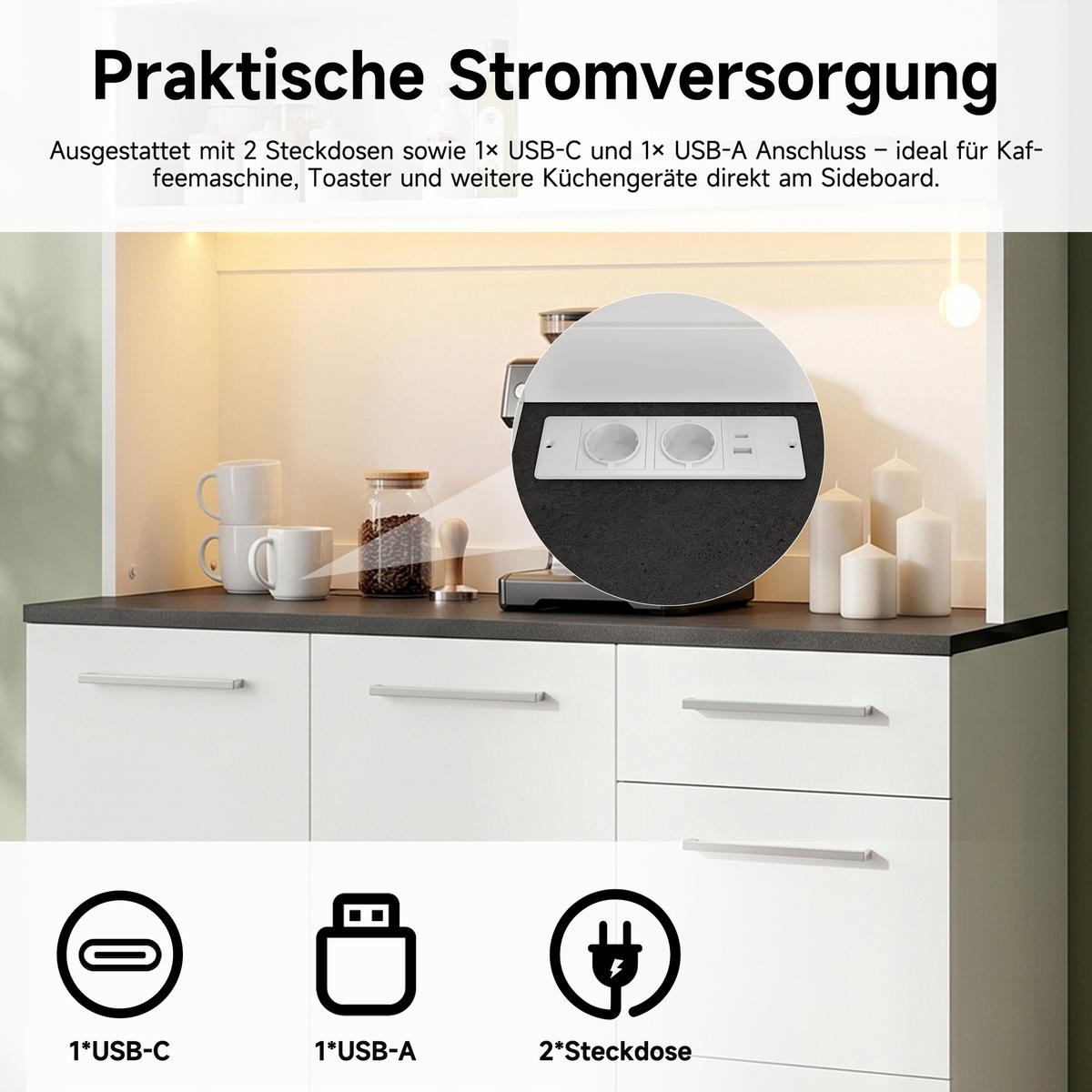 BUFFETSCHRANK 120x40x180cm LED Steckdose USB Weiß - Weiß, Holzwerkstoff (120/180/40cm) - FLIEKS