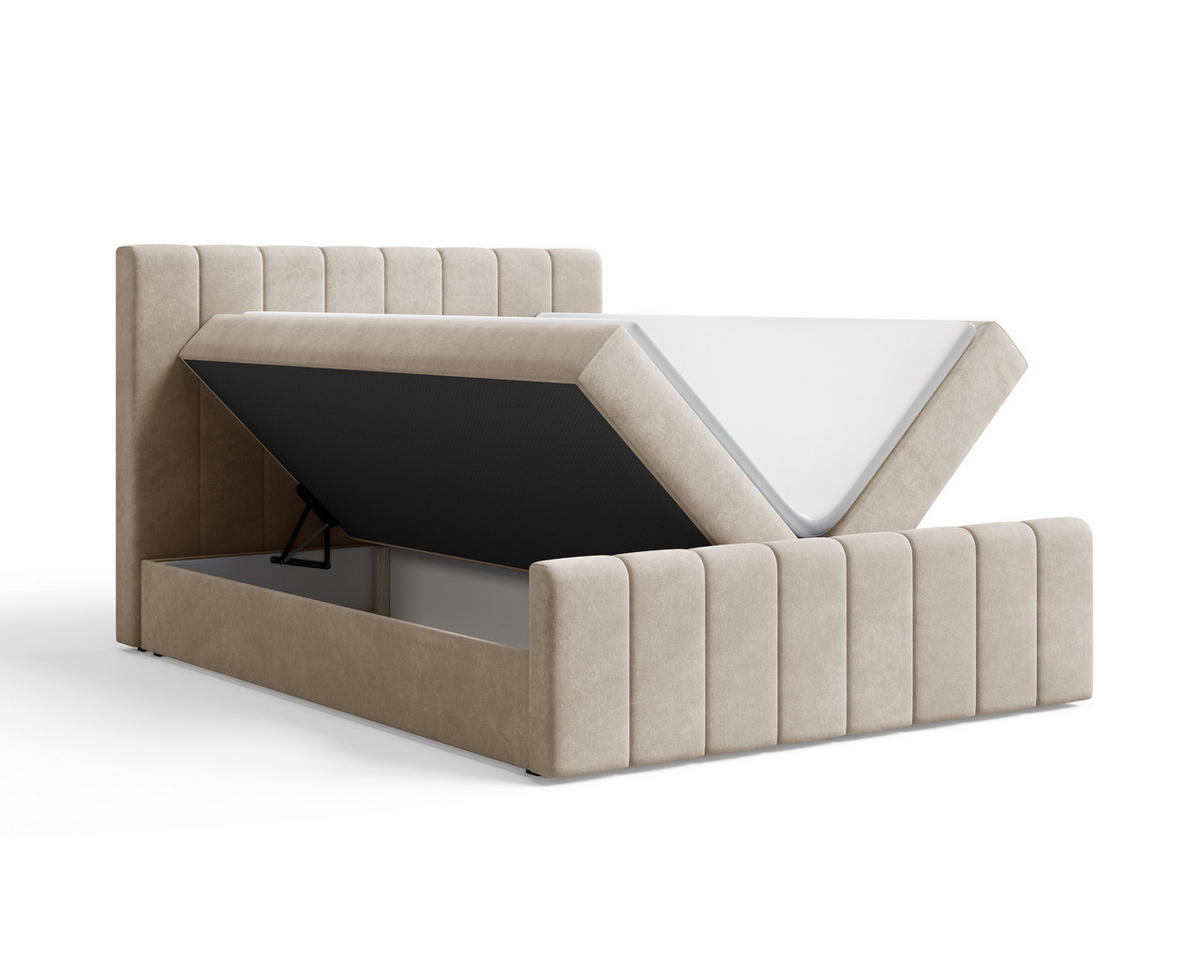 BOXBETT 01 BIS 180 x 200 cm - Manila - Modernes Polsterbett mit Bettkasten inkl. PU-Schaum-Topper und Federmechanismus - Beige, Holz (180/200cm) - ROYAL24_MARKT