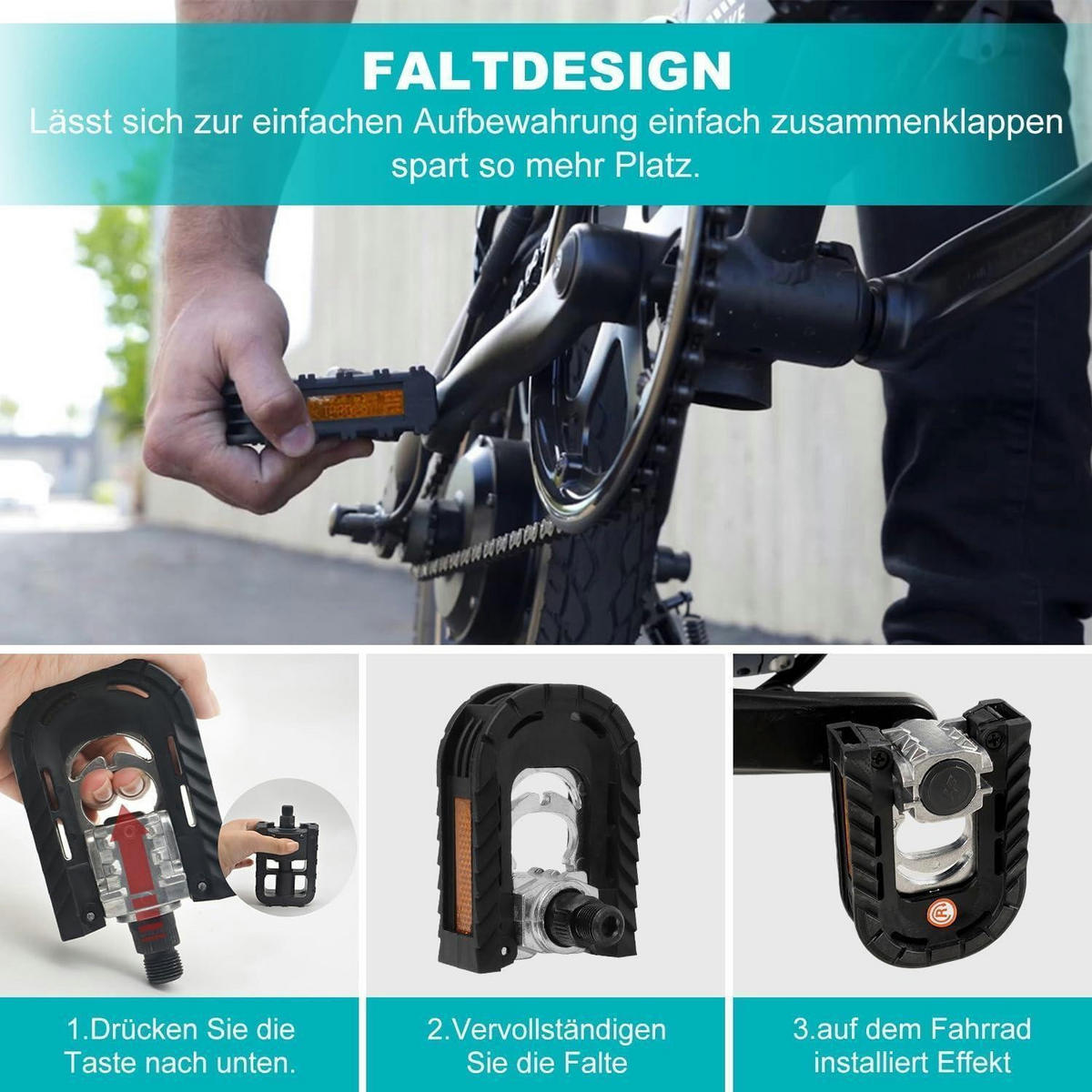 FAHRRADPEDALE Klapppedal Alu mit Reflektoren & Anti-Rost - Schwarz, Metall (7/1.5/12.5cm)