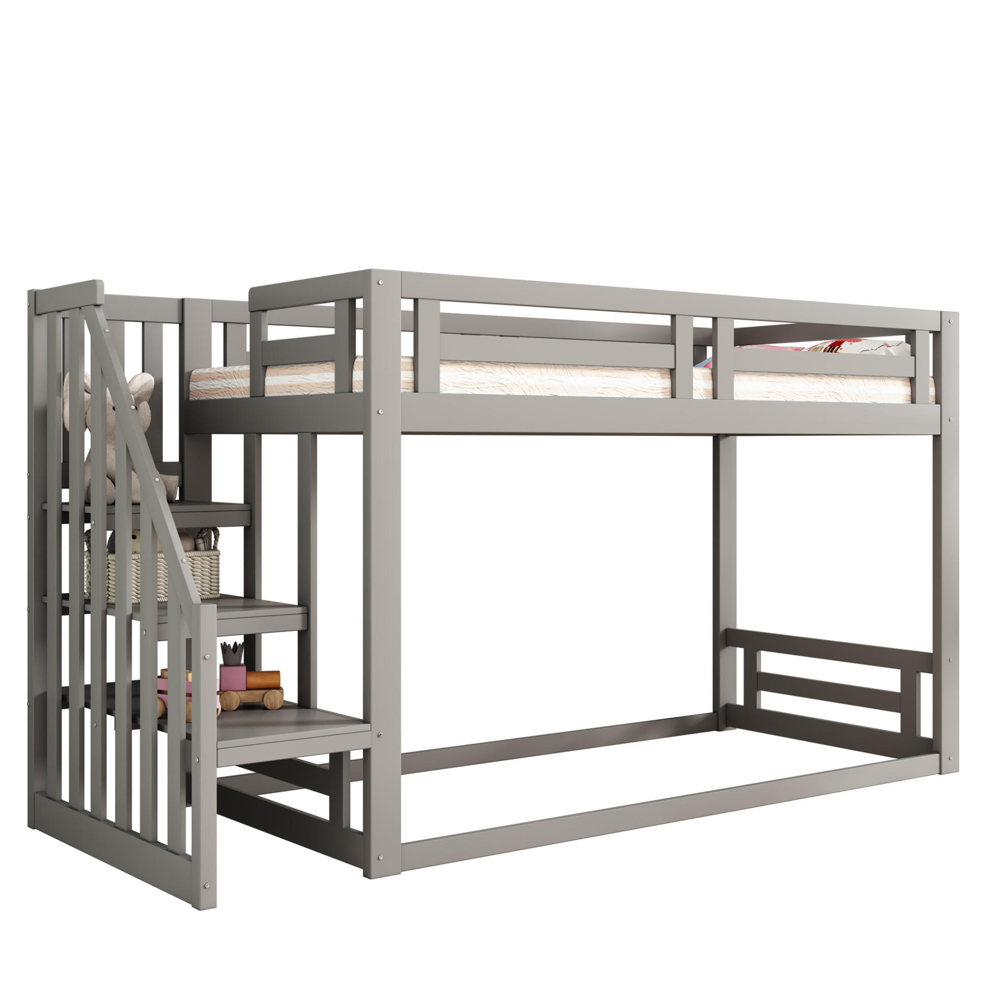 ETAGENBETT 90/200 cm mit Sicherheitstreppe, Stauraum und Lattenrost, Grau - Grau, Holzwerkstoff (90/200cm) - Redom