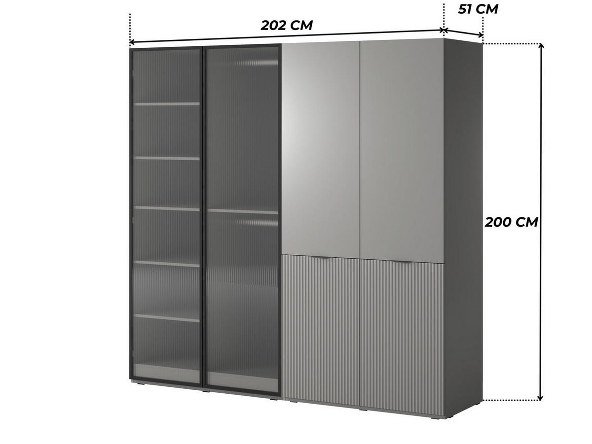 KLEIDERSCHRANK ZEN (Modular, Grau Matt, Grau & Geriffeltes Glas Flutes, 4-türig) - Schwarz/Grau, Holz/Holzwerkstoff (202/200/51cm) - Ravio