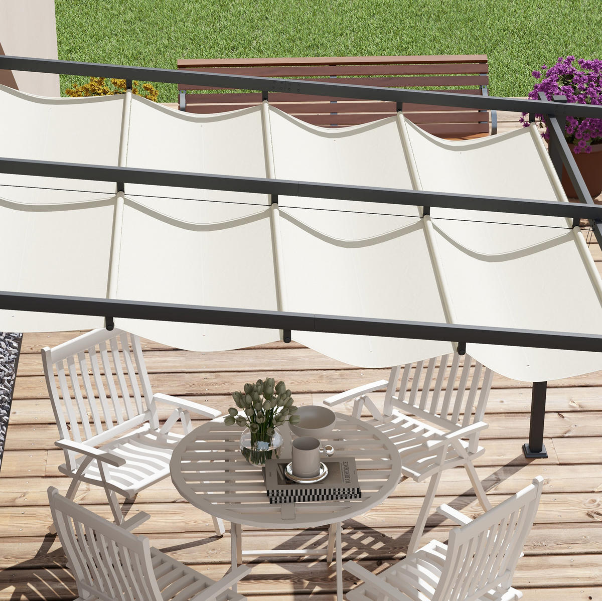 HLINÍKOVÁ pergola 297/297/200/230 cm s výsuvnou střechou a odvodem vody, krémově bílá - béžová, kov (297/230/297cm) - Redom