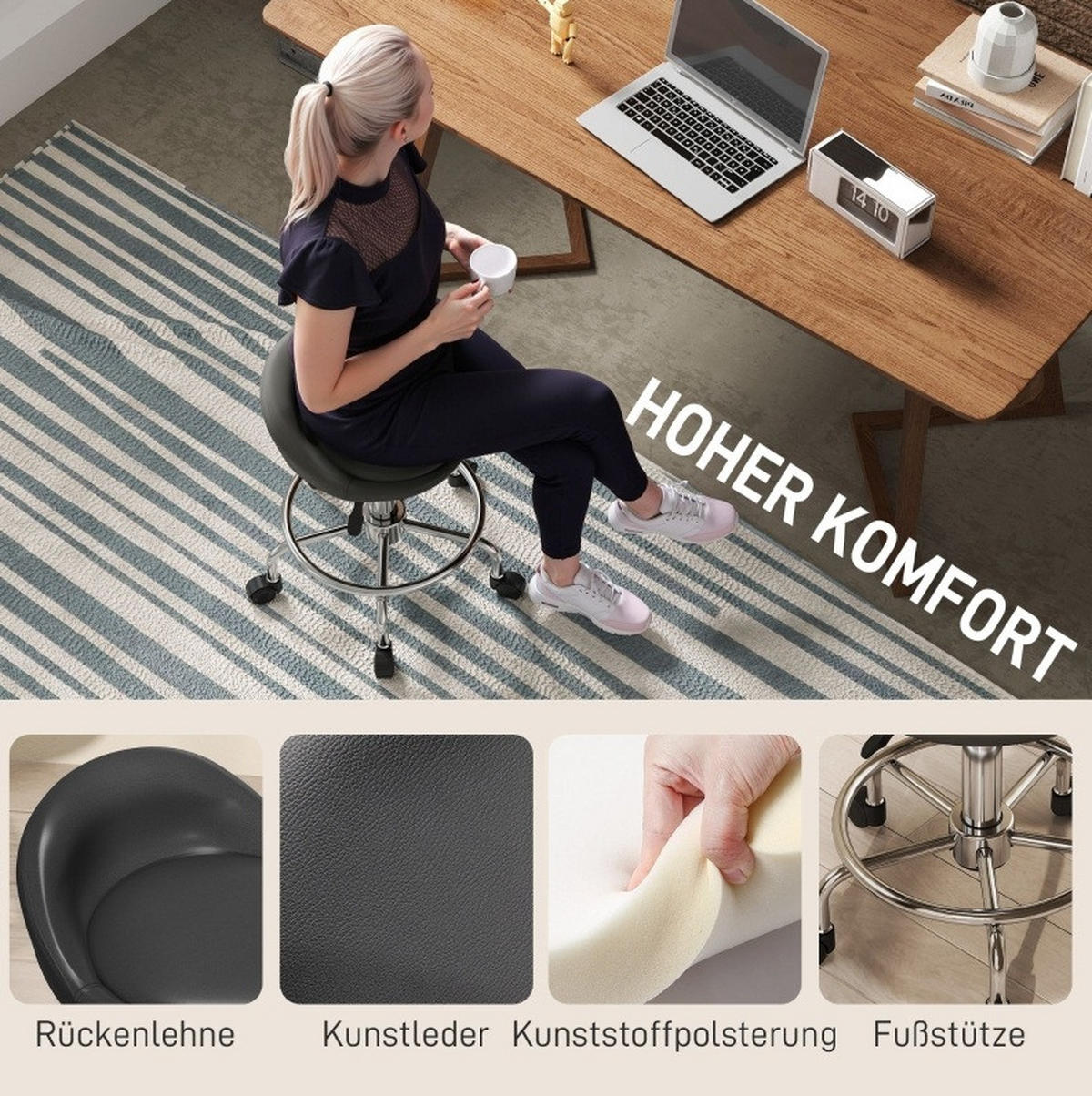 ROLLHOCKER in Schwarz 43x43x75 cm mit Rückenlehne, höhenverstellbar und 360° drehbar - Schwarz, Kunststoff (43/75/43cm) - IVMEU