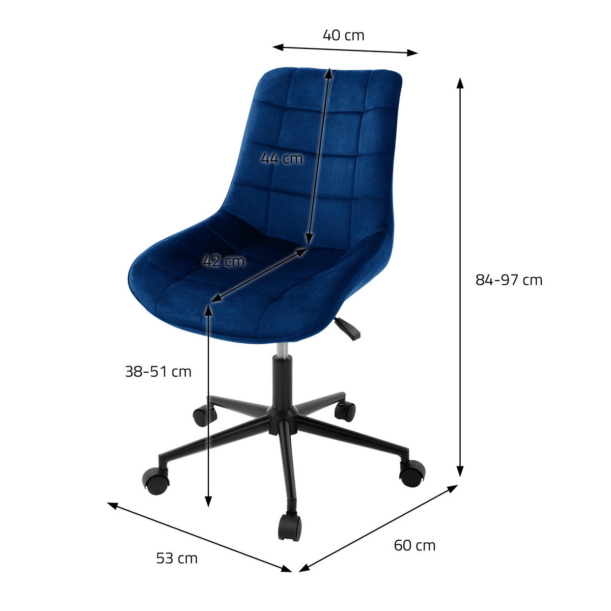 BÜROSTUHL Samt blau - Blau, Metall (53/97/60cm) - ML-DESIGN