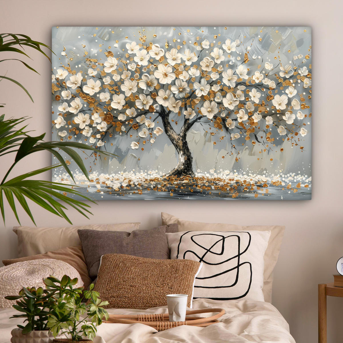 LEINWANDBILD Baum - Blumen - Weiß - Natur - Kunst XXL 150x100 cm - Weiß, Textil (150/100cm) - MuchoWow