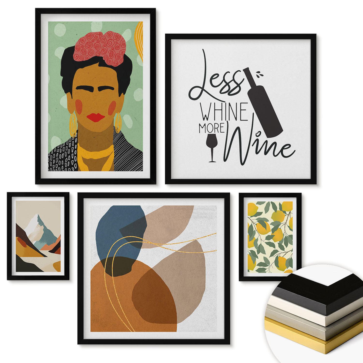 WANDBILDER 5er-Set - 50x50 cm & 20x30 cm & 40x60 cm Schwarzer Rahmen - Zitronenweinporträt von Frida - Schwarz, Kunststoff (40/60cm) - ArtPrintCave