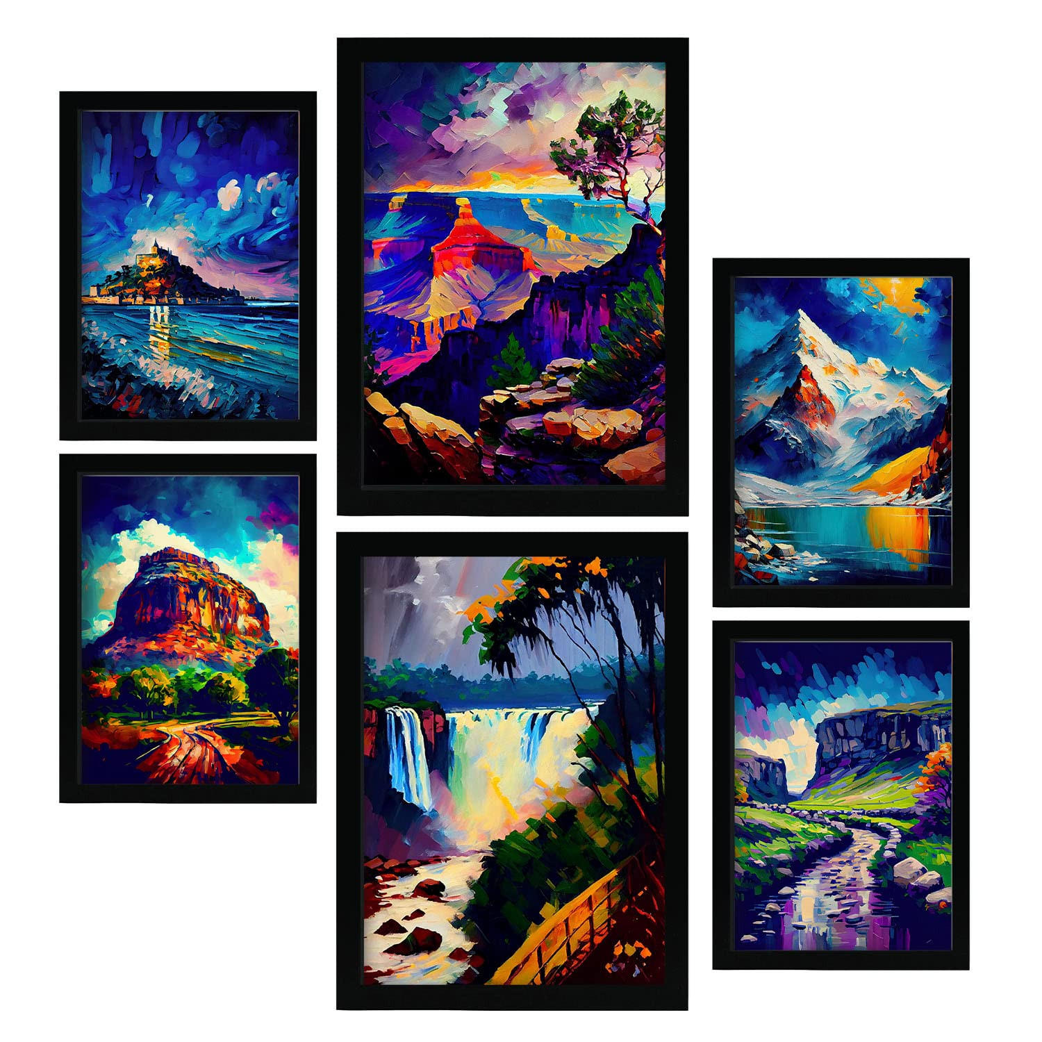 POSTER Set Mit 6 Blau Im Ölgemälde Stil A3 & A4 Schwarzer Rahmen - Schwarz, Papier (29/3cm) - Nacnic