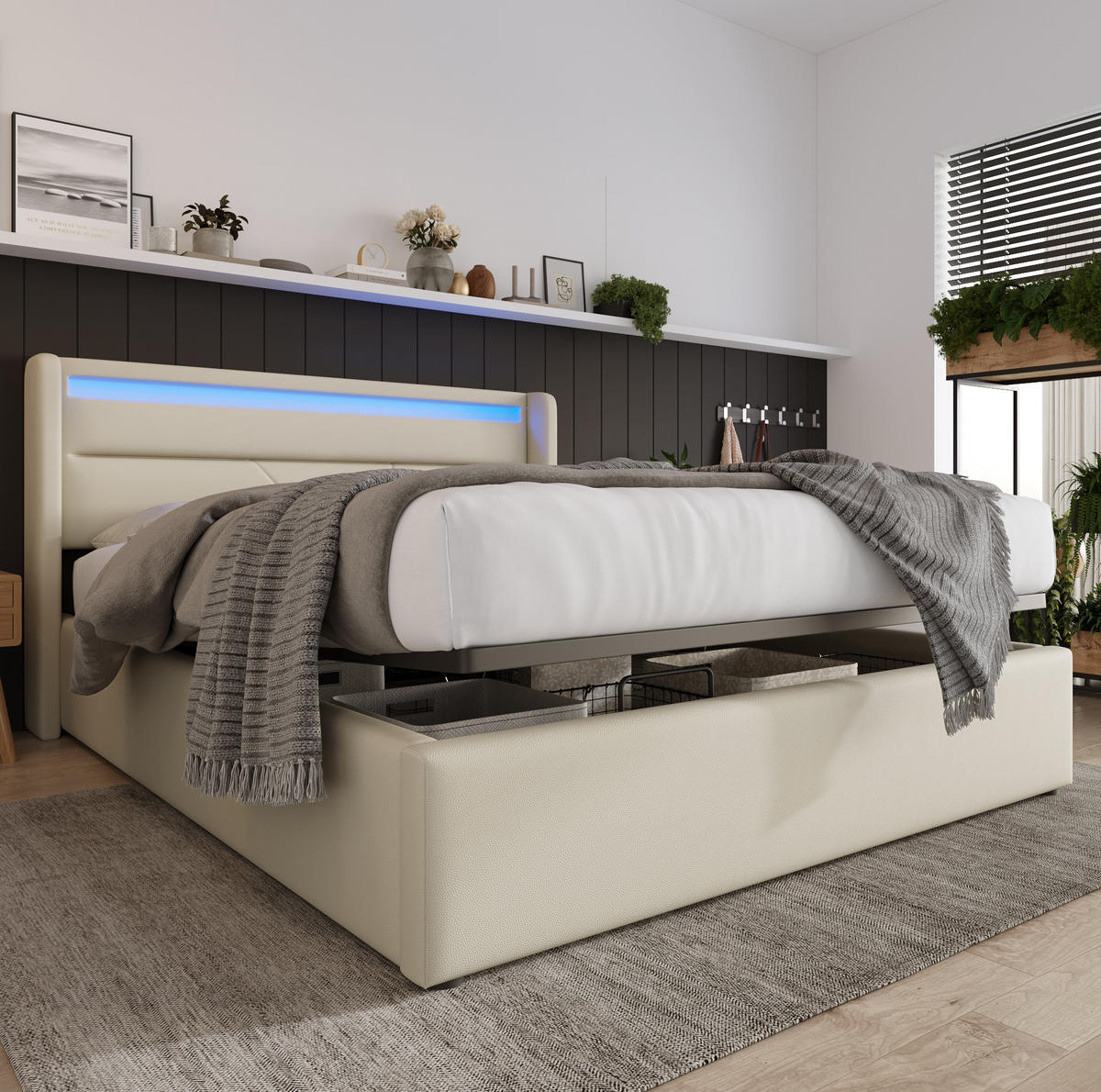 ČALOUNĚNÁ postel 140/200 cm bílá z PU s LED osvětlením a úložným prostorem - bílá, plast (140/200cm) - OKWISH
