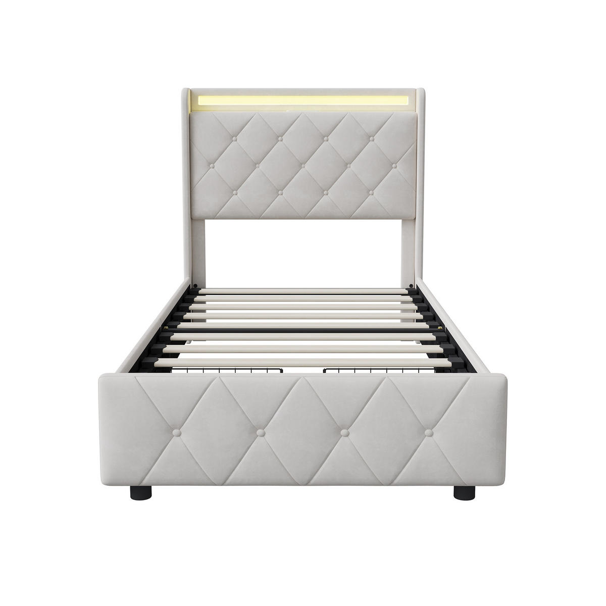 POLSTERBETT, LED-Beleuchtung Einzelbett 90x200cm mit Ladefunktion und 2 Schubladen, Samt, beige - Beige, Holz/Holzwerkstoff (90/200cm) - GENKI LIVING