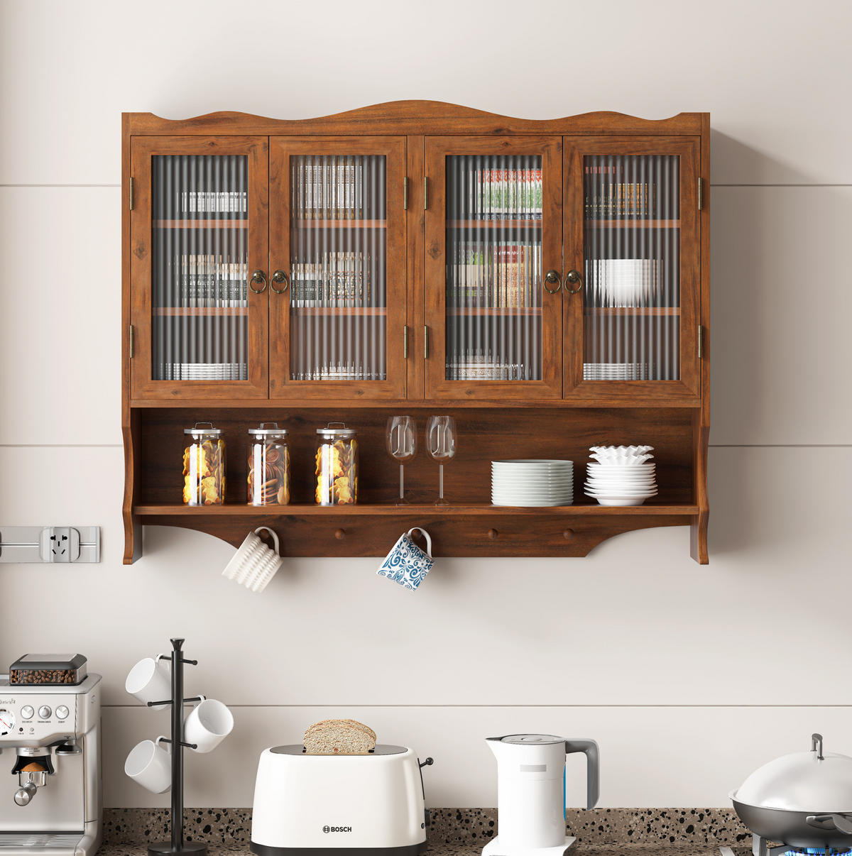 KÜCHENOBERSCHRANK 100/20/80 cm in Braun mit 4 Türen, Glasfront und herausnehmbaren Böden - Braun, Holz (100/80/20cm) - BEAOK