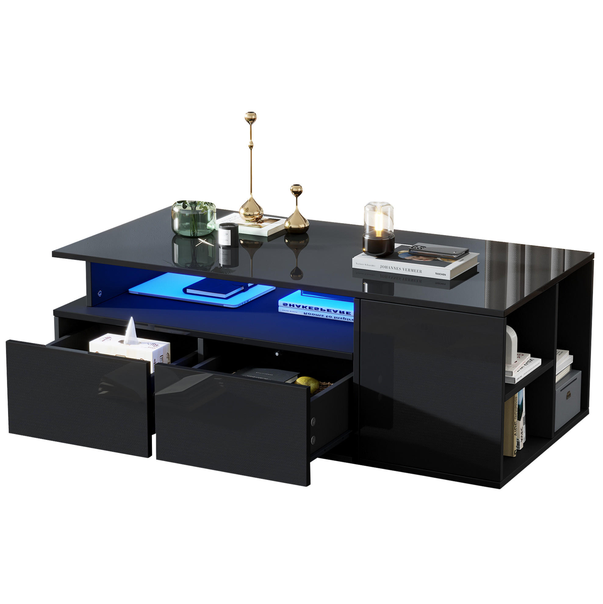COUCHTISCH 100/50/35 cm schwarz aus Spanplatte mit LED und 2 Schubladen - Schwarz, Holzwerkstoff (100/50/35cm) - OKMYHOME