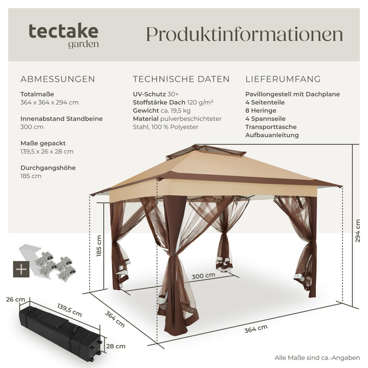 FALTPAVILLON Carabobo,inklusive Spannseile, Heringe sowie Transporttasche,braun - Braun, Kunststoff (364/294/364cm) - tectake