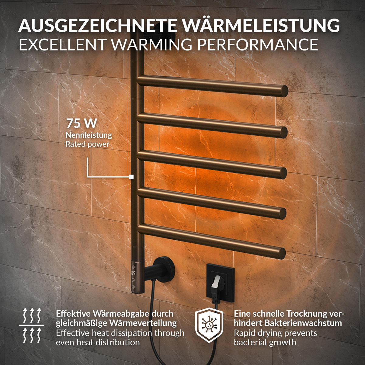 HANDTUCHWÄRMER Elektrisch Schwarz matt 75W 450x622 mm 180° drehbar - Schwarz, Metall (45/62.2/3cm) - LuxeBath