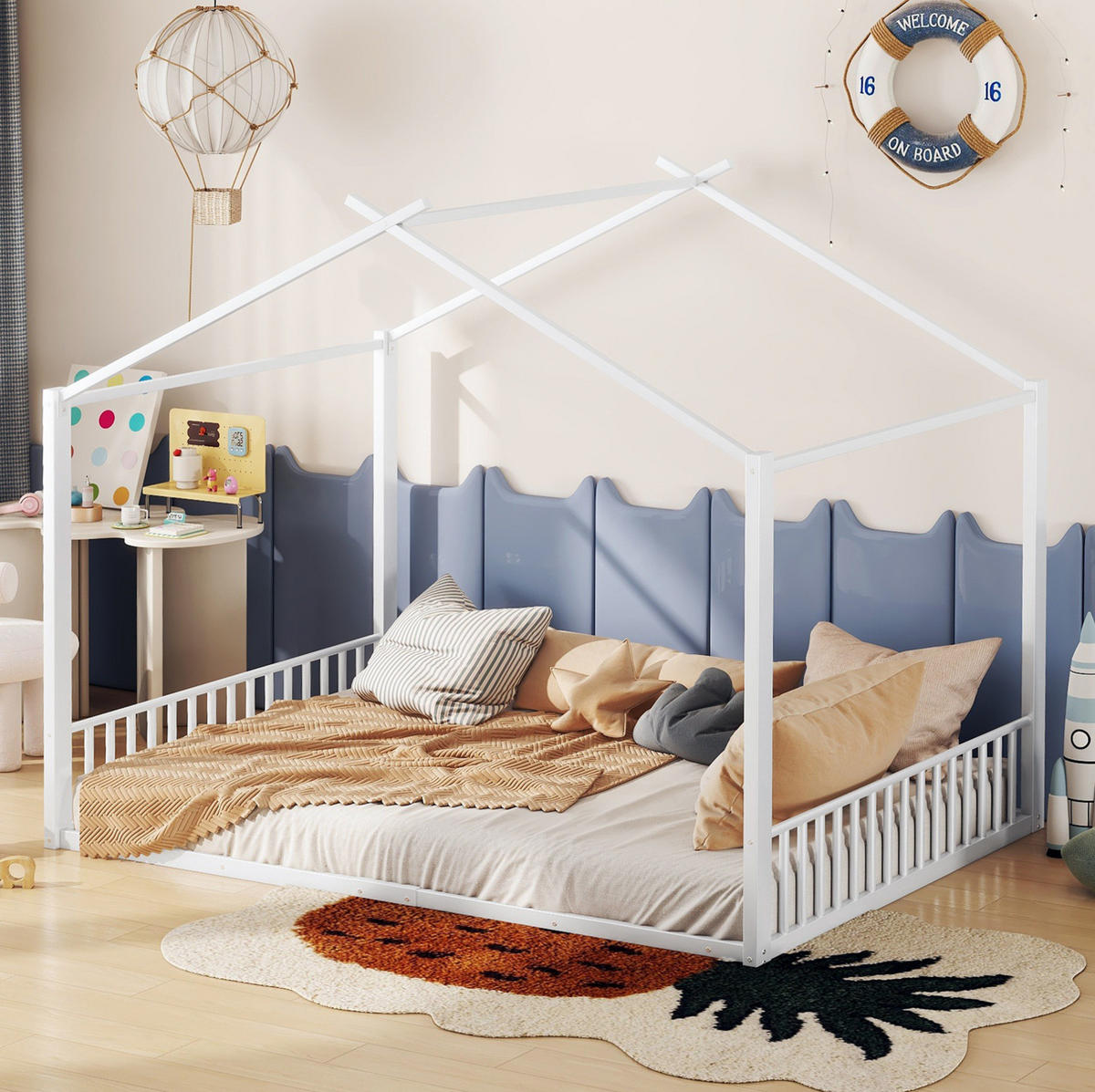 HAUSBETT 140/200 cm aus Metall in Weiß – mit Dachaufbau - Weiß, Metall (140/200cm) - BEAOK