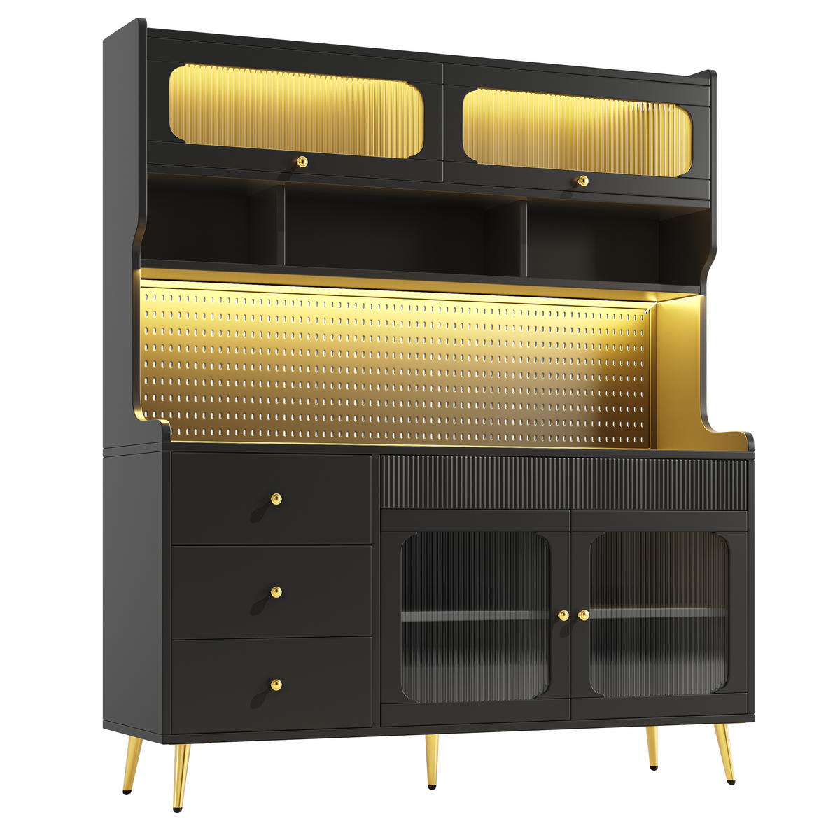 KÜCHENSCHRANK Schwarz mit LED & App-Steuerung, Lift-up-Glastüren & Lochwand - Schwarz, Holzwerkstoff (145/71/39cm) - Urban Meuble