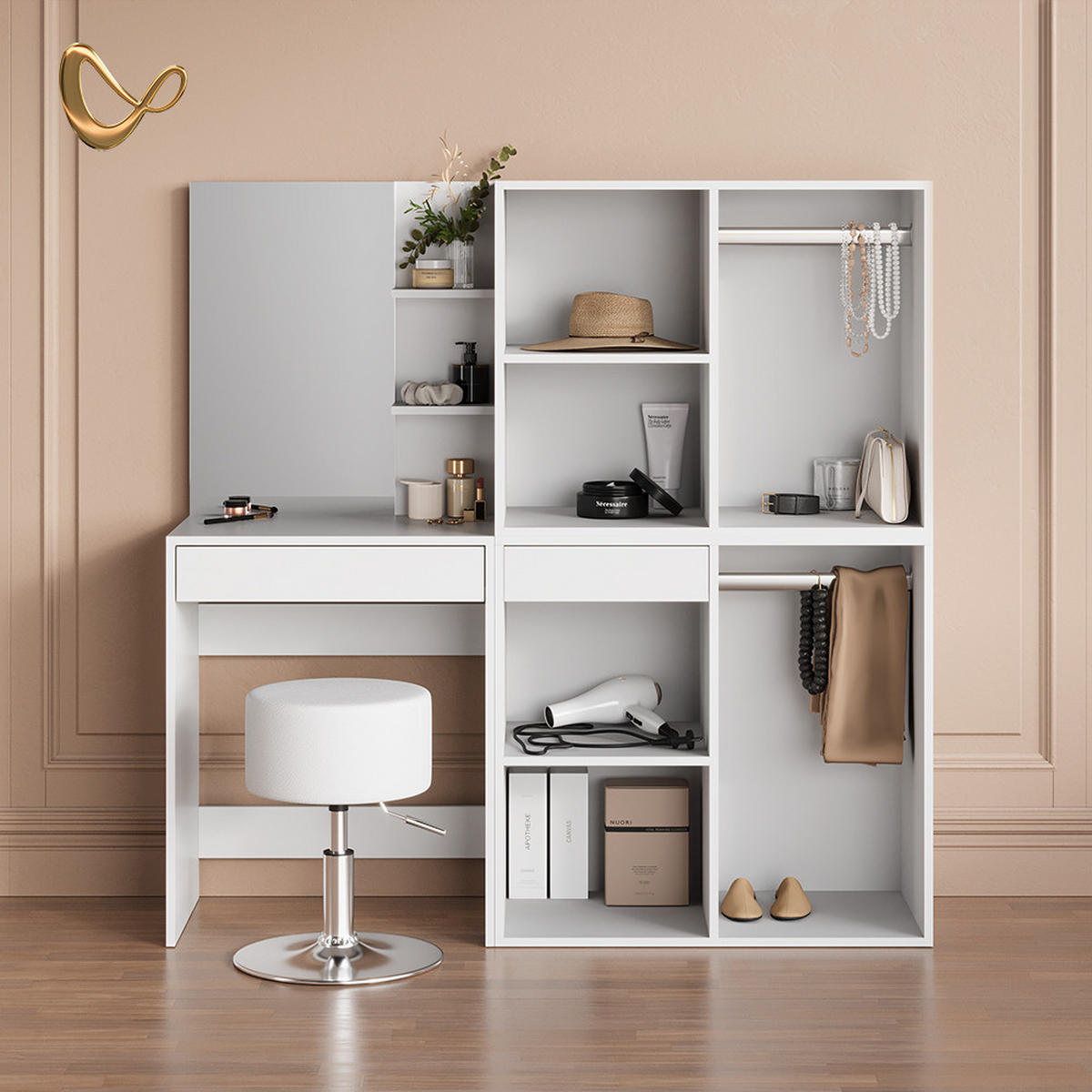SCHMINKTISCH Nola Weiß 140 cm mit Hocker und Schrank - Weiß, Holzwerkstoff (140/140/40cm) - Livinity®
