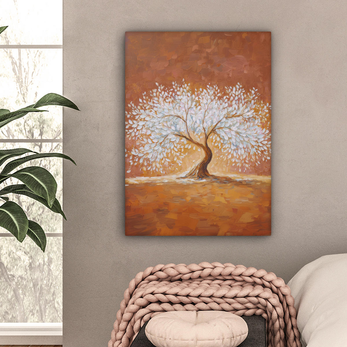 LEINWANDBILD Abstrakt - Baum - Weiß - Blätter Wandbild Wohnzimmer 60x80 cm - Braun, Textil (60/80cm) - MuchoWow