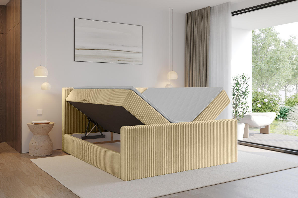 BOXBETT mit Matratze H4 und Lattenrost - TOLO-Z - 200x200 Cord - Ecru - Ecru, Holzwerkstoff (200/200cm) - ALTDECOR