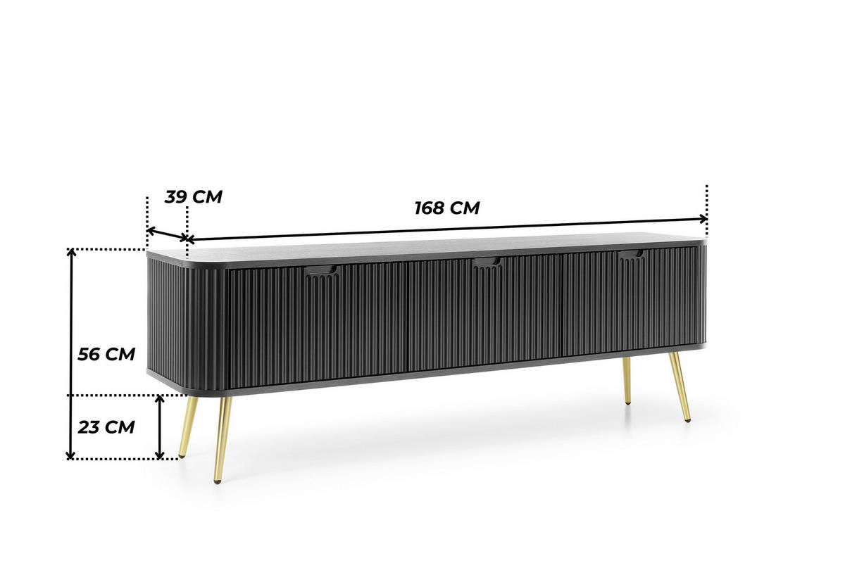 TV-BOARD PORTO (Oval, Rillenfront, Schwarz Matt, Goldene Füße) - Goldfarben/Schwarz, Holz/Holzwerkstoff (168/56/39cm) - Ravio