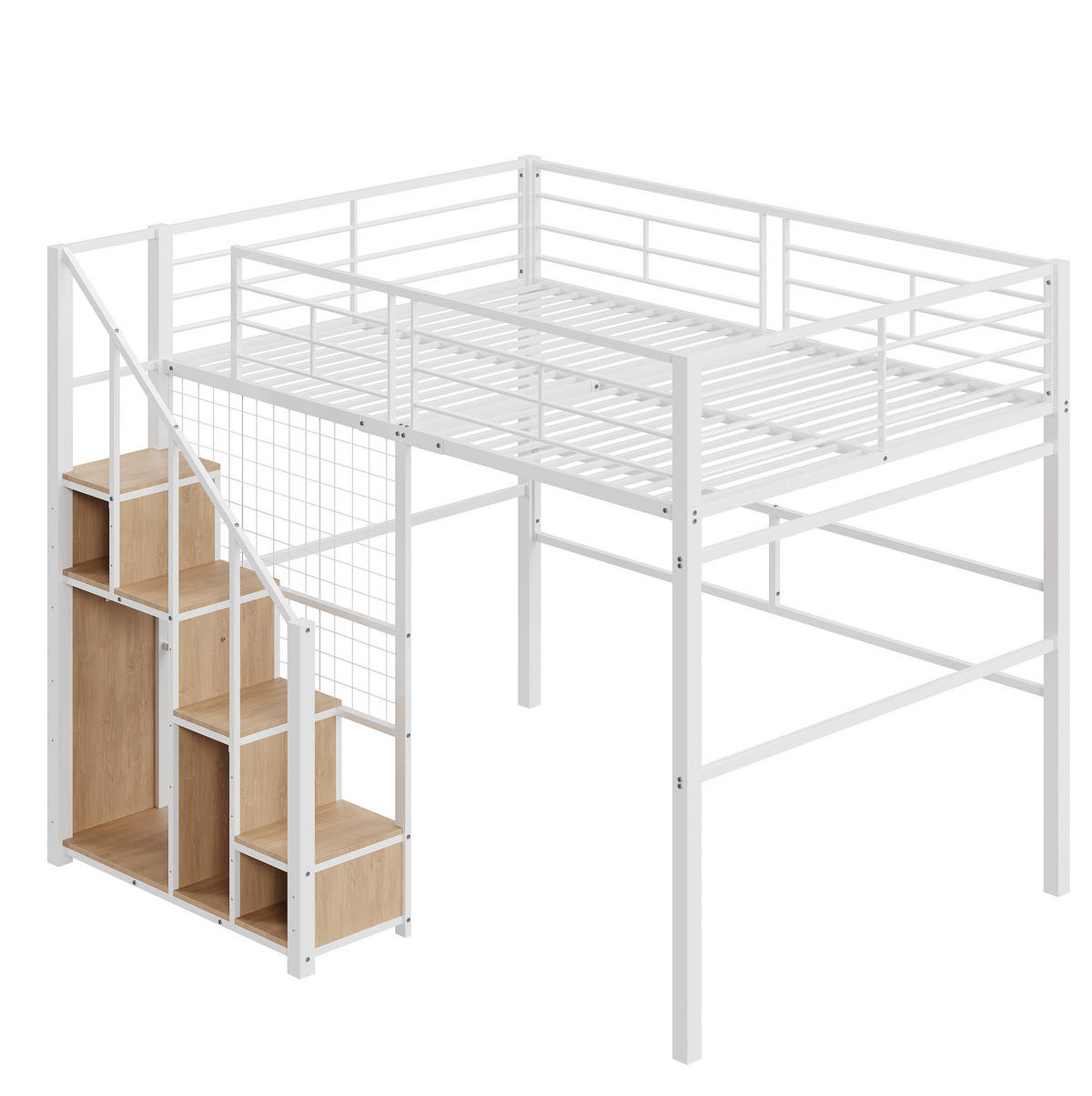 VISOKA postelja 140/200 cm bela z lestvijo in shranjevanjem iz kovine in MDF - bela, kovina (140/200cm) - OKWISH
