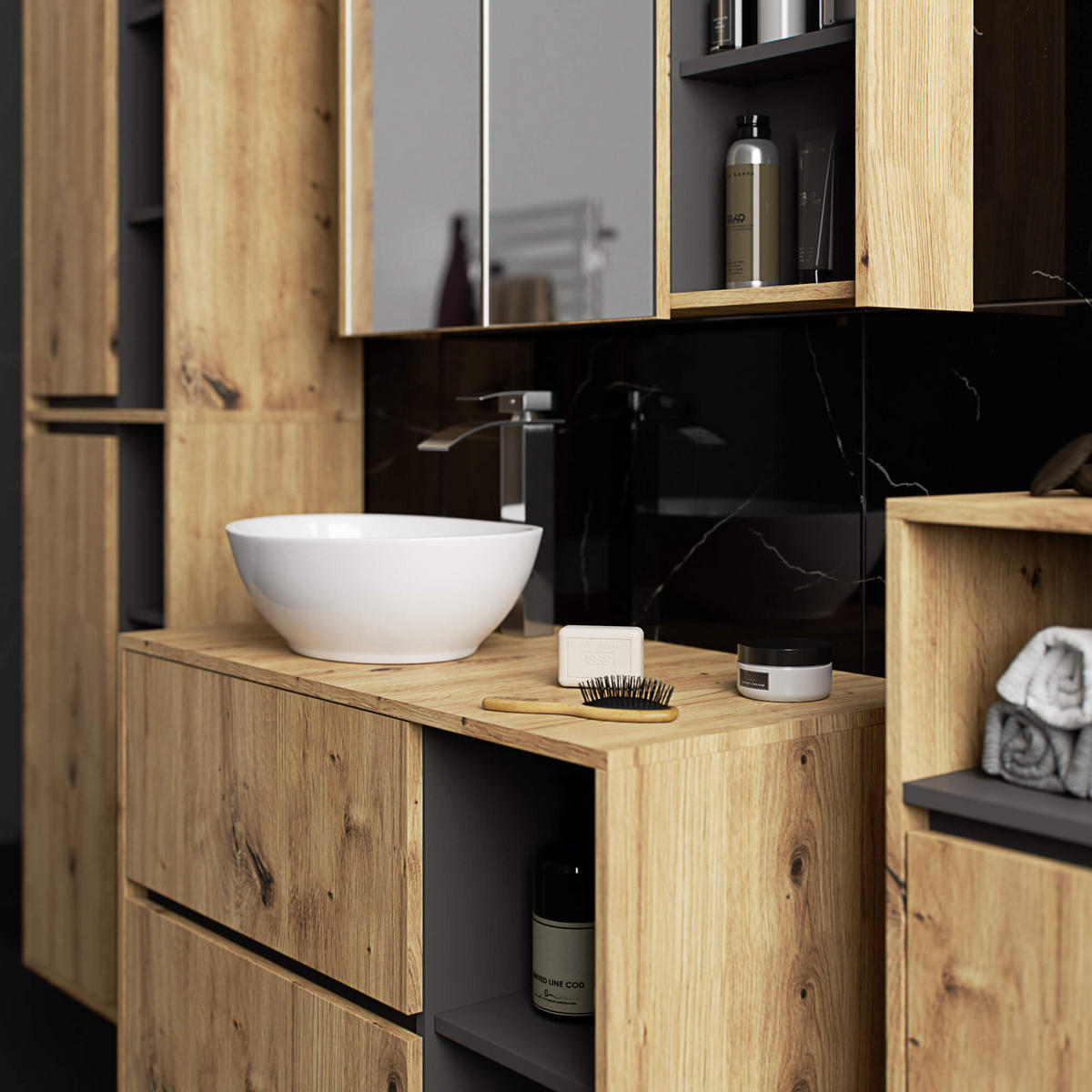 BAD HOCHSCHRANK Vami Eiche Artisan, Grau - Eiche Artisan/Grau, Holzwerkstoff (50/170/30cm) - Akord