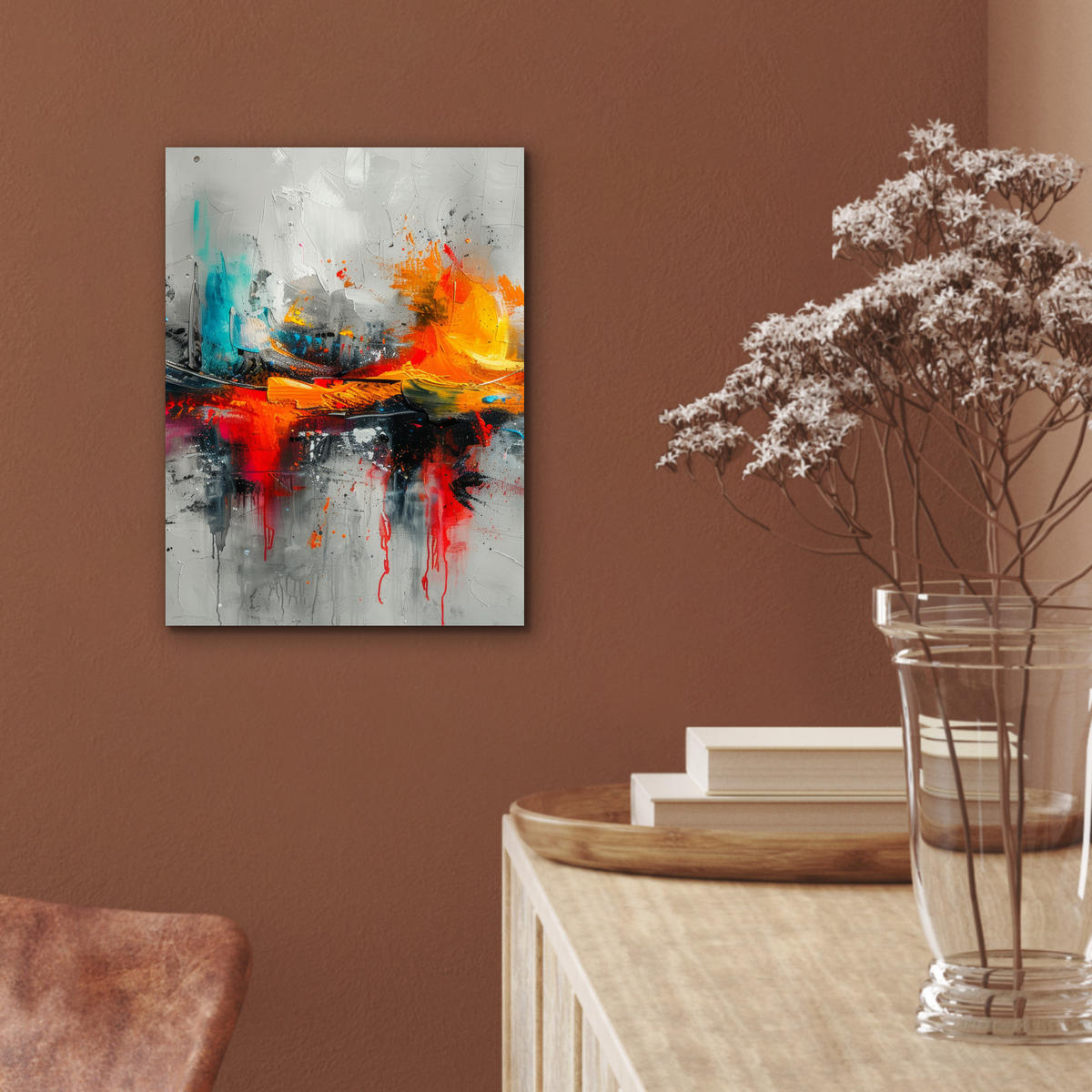 KOVOVÝ OBRAZ Moderné umenie - Oranžová - Sivá - Abstraktné 30x40 cm - svetlosivá, kov (30/40cm) - MuchoWow