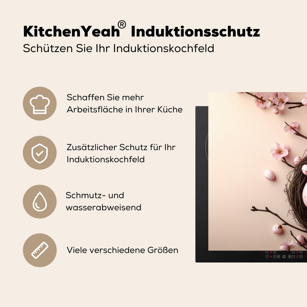 HERDABDECKPLATTE Rosa - Blüten - Eier Herdabdeckung Induktionsfeld 65x52 cm - Hellrosa, Kunststoff (65/52/0.2cm) - MuchoWow