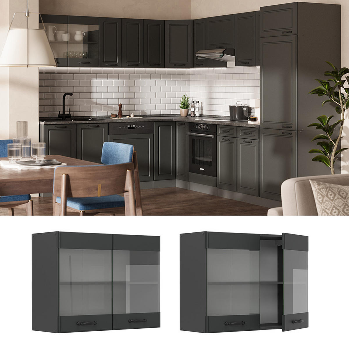 KÜCHENGLASHÄNGESCHRANK R-Line Anthrazit Landhaus 80 cm - Anthrazit, Holzwerkstoff (80/60/31cm) - Vicco