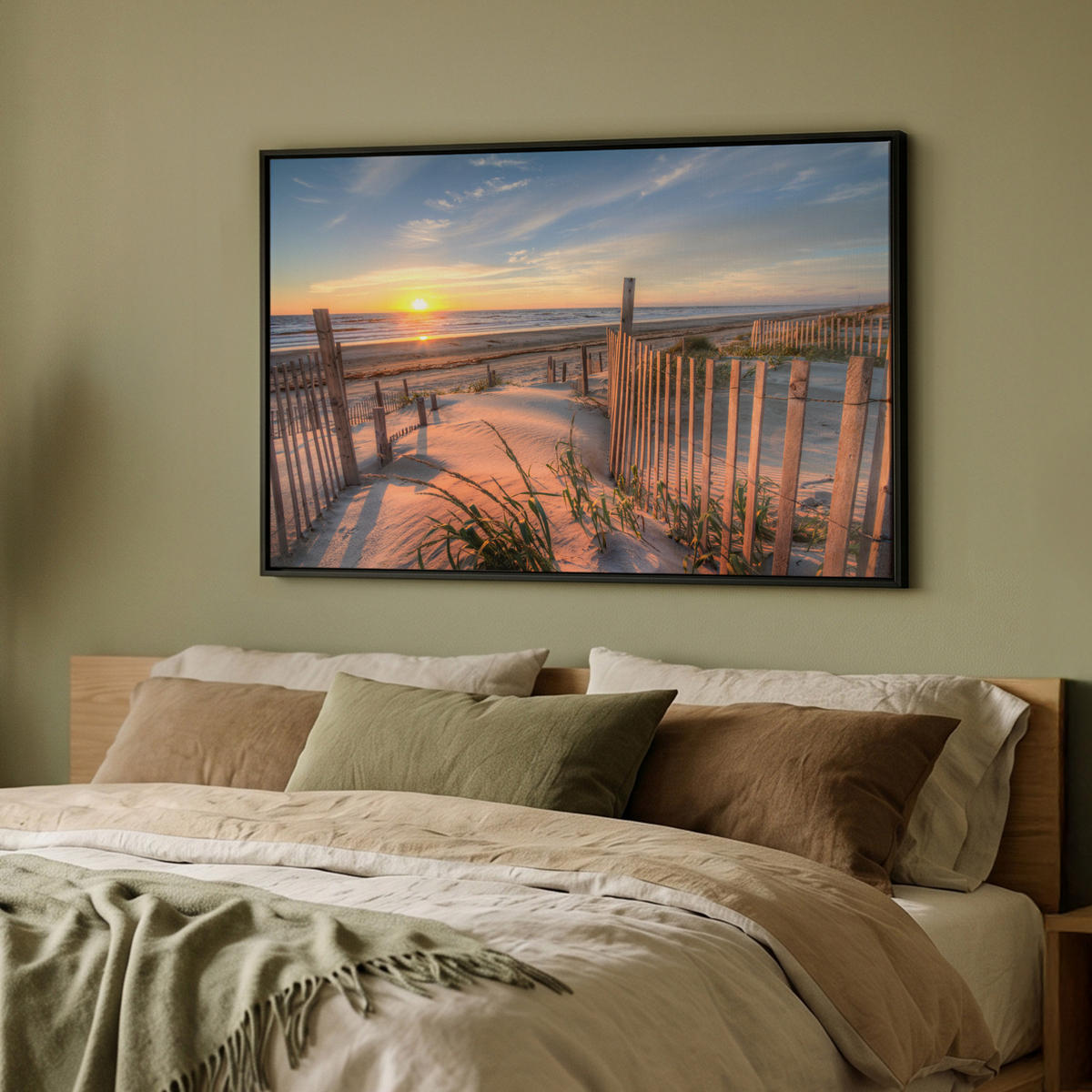 LEINWAND Bilder mit Rahmen - Strand - Meer - Düne - Sonnenuntergang - Landschaft - 90x60 - Beige, Textil (90/60cm) - MuchoWow