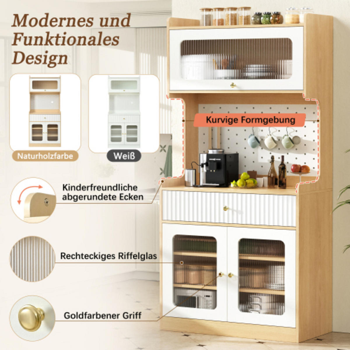 HIGHBOARD mit Riffelglas & LED-Beleuchtung, weiß-natur 80×40×180 cm aus MDF und Spanplatte - Weiß, Holzwerkstoff (80/180/40cm) - Luhomfu