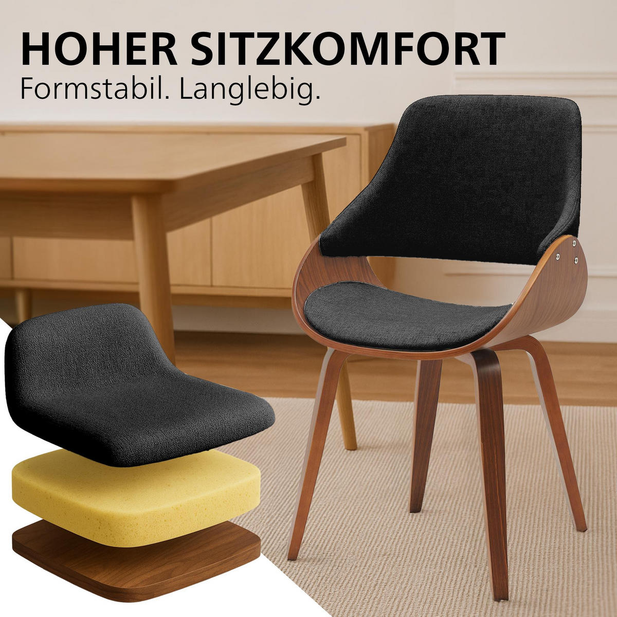 ESSZIMMERSTUHL 2 Stoff Walnuss/Schwarz - Walnussfarben/Schwarz, Holz/Textil (52/86/54cm) - CLP