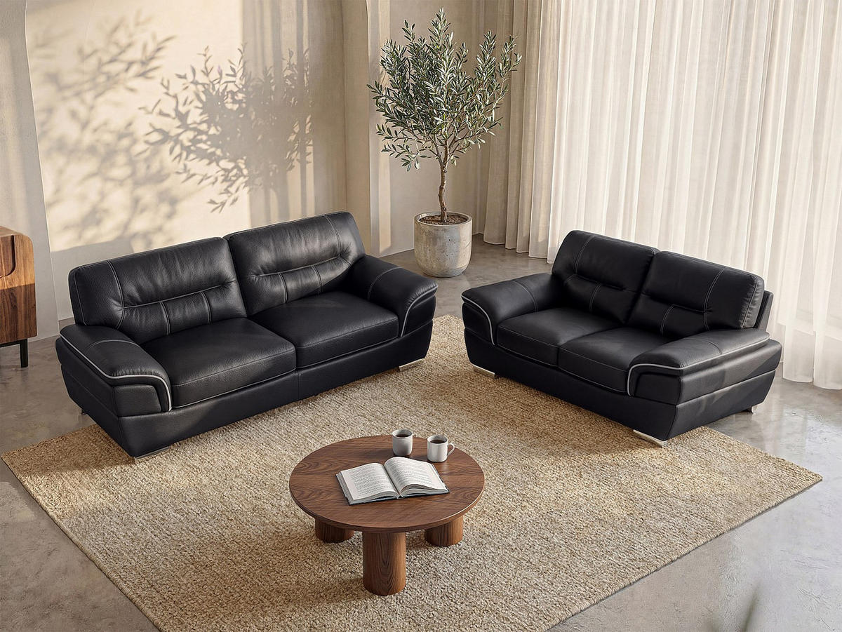 COUCHGARNITUR - 5 Personen - leder - schwarz Thibault - Schwarz, Leder/Metall (168/87/93cm) - Vente-Unique